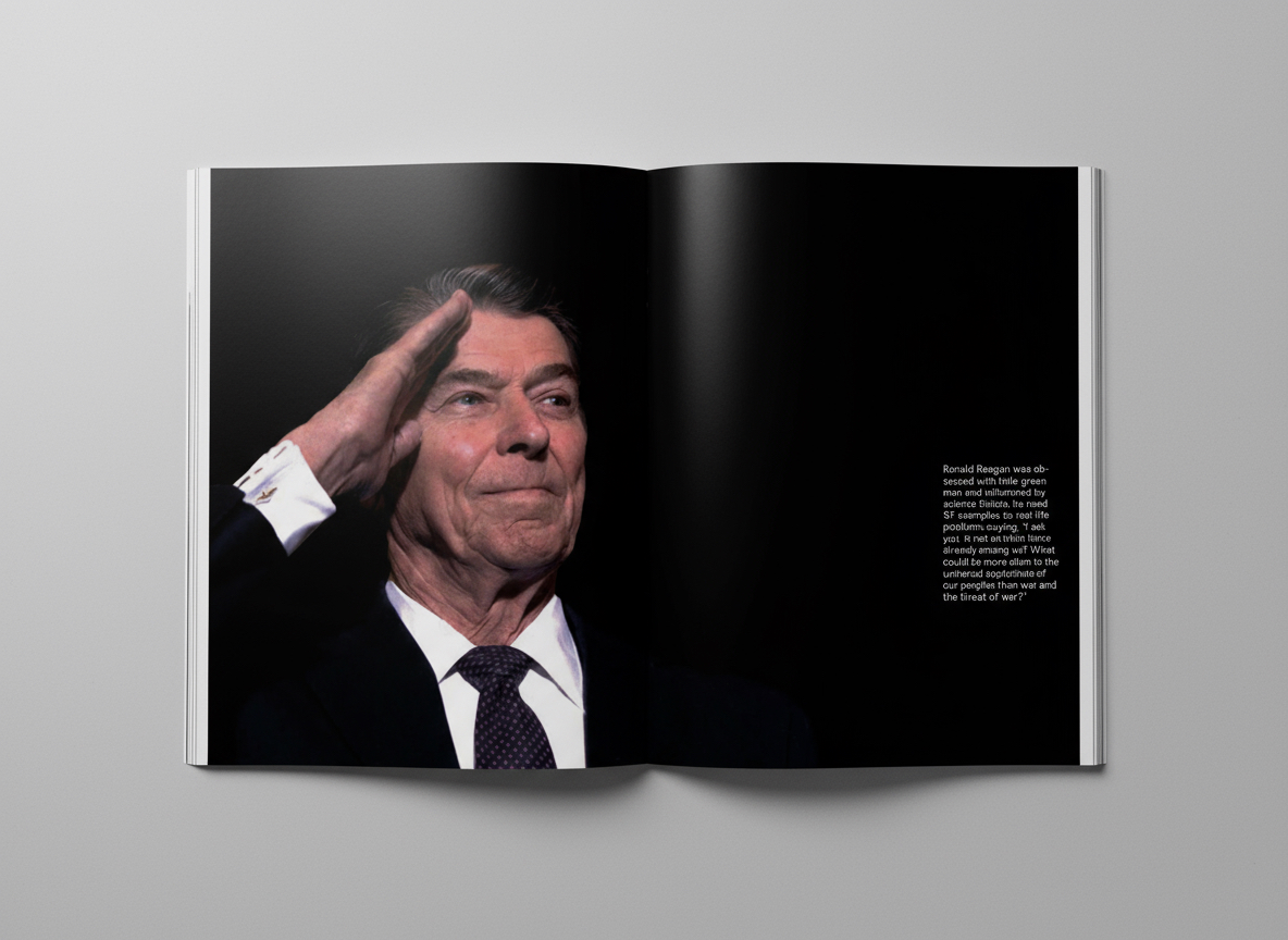 Open magazine spread showing Ronald Reagan against a grey studio background
