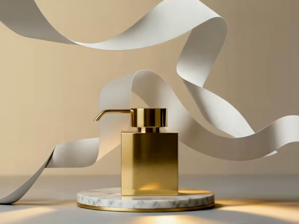 A gold bathroom dispenser in warm winter light with sculptural white paper
