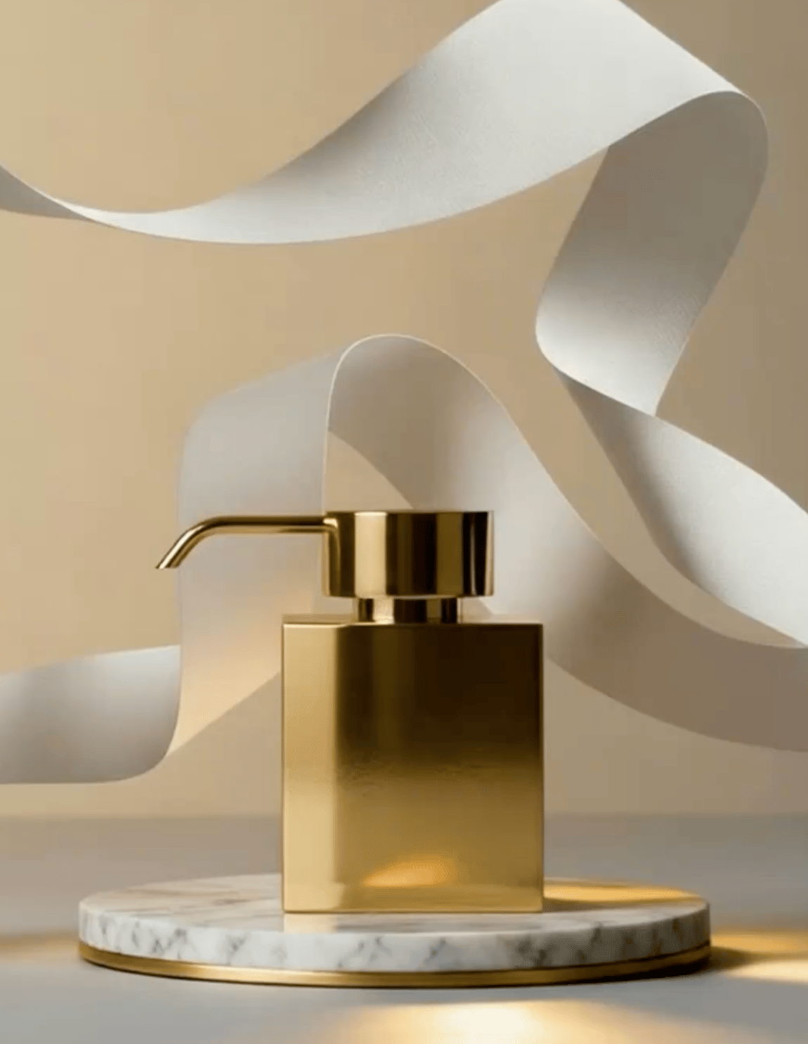 Part I: a brass dispenser framed by curling white paper in winter light