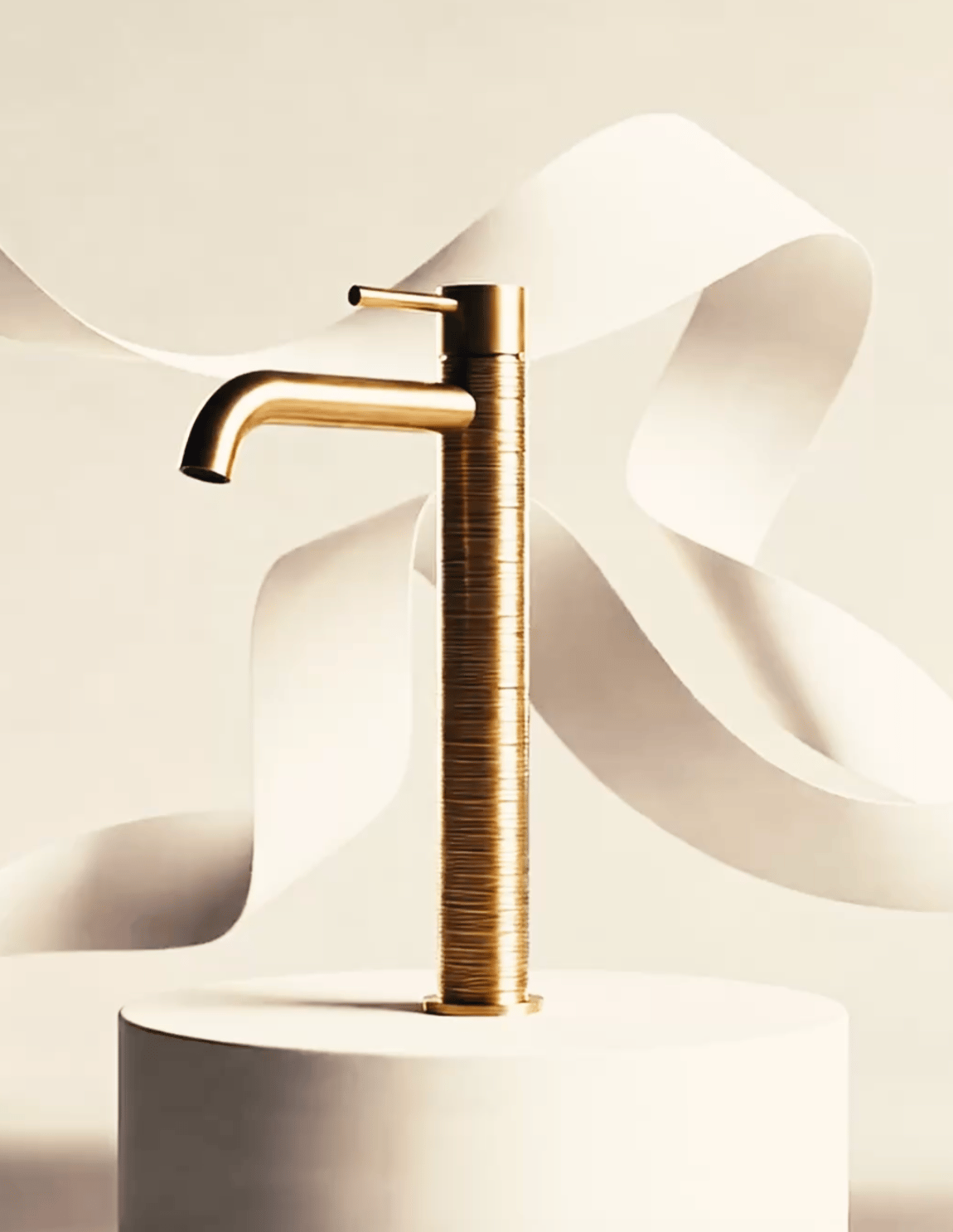 Part II: a tall brass basin mixer surrounded by curling white paper