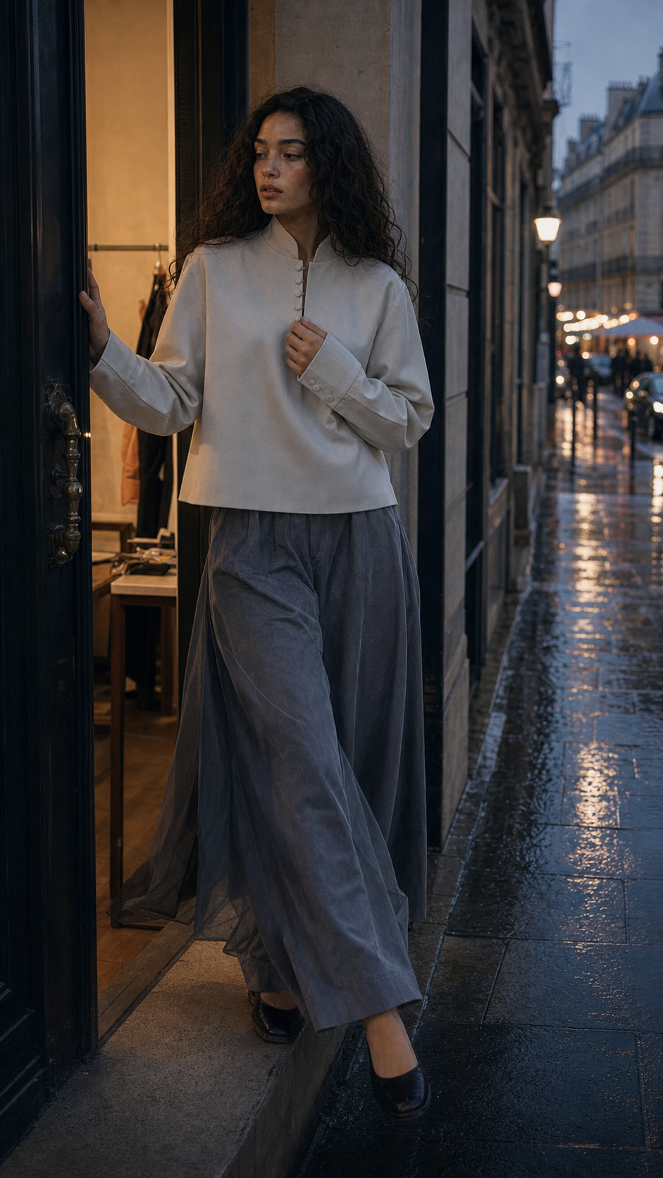 Leandra pausing at the atelier threshold after a fitting