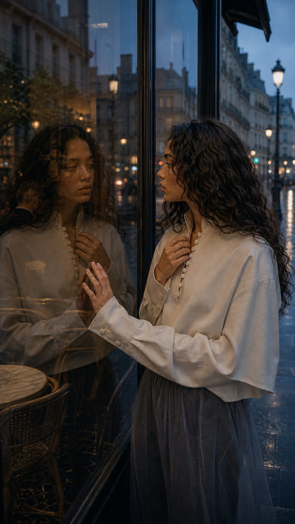 Leandra seeing her reflection in café glass