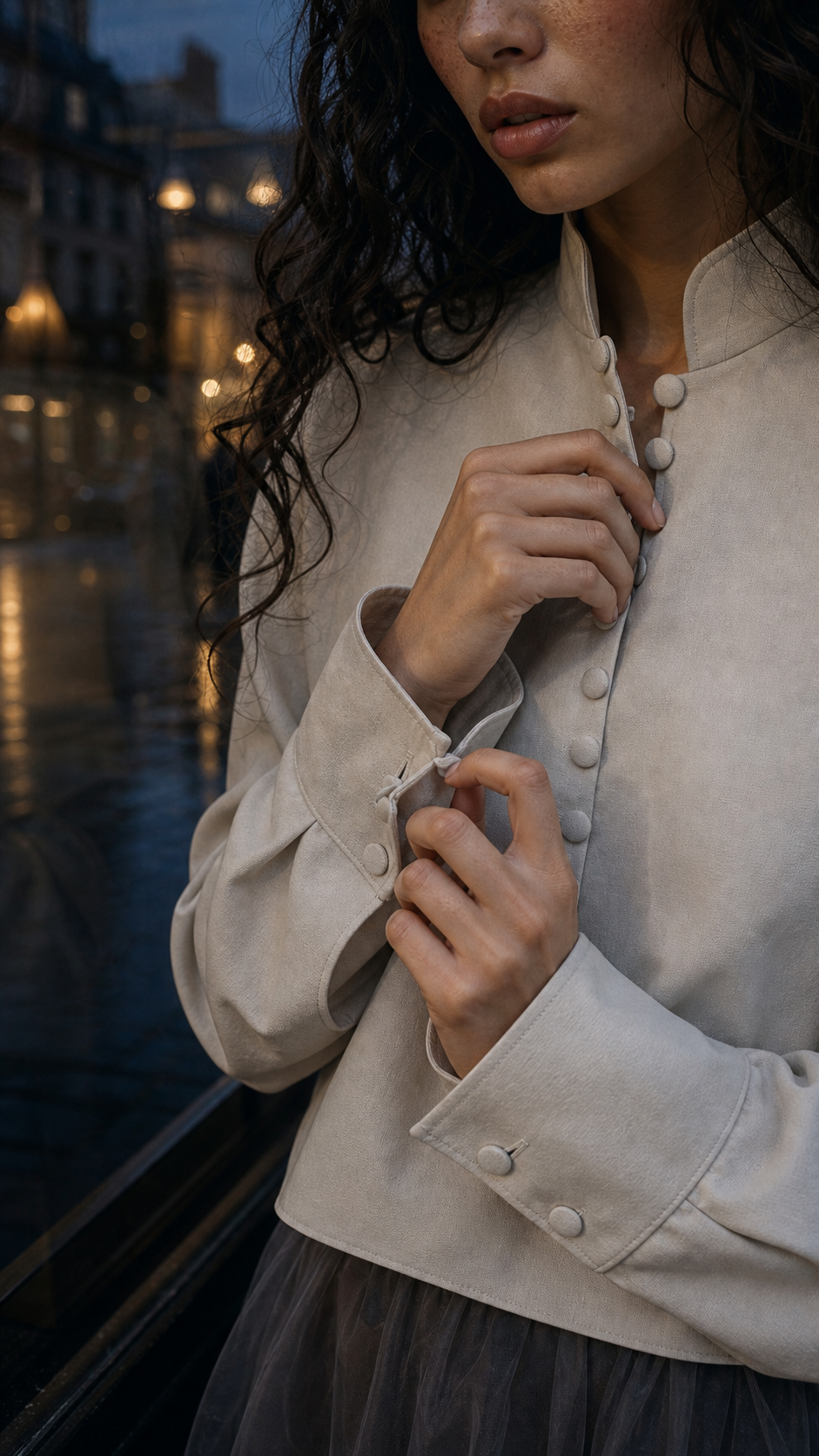 Leandra opening one covered button to breathe