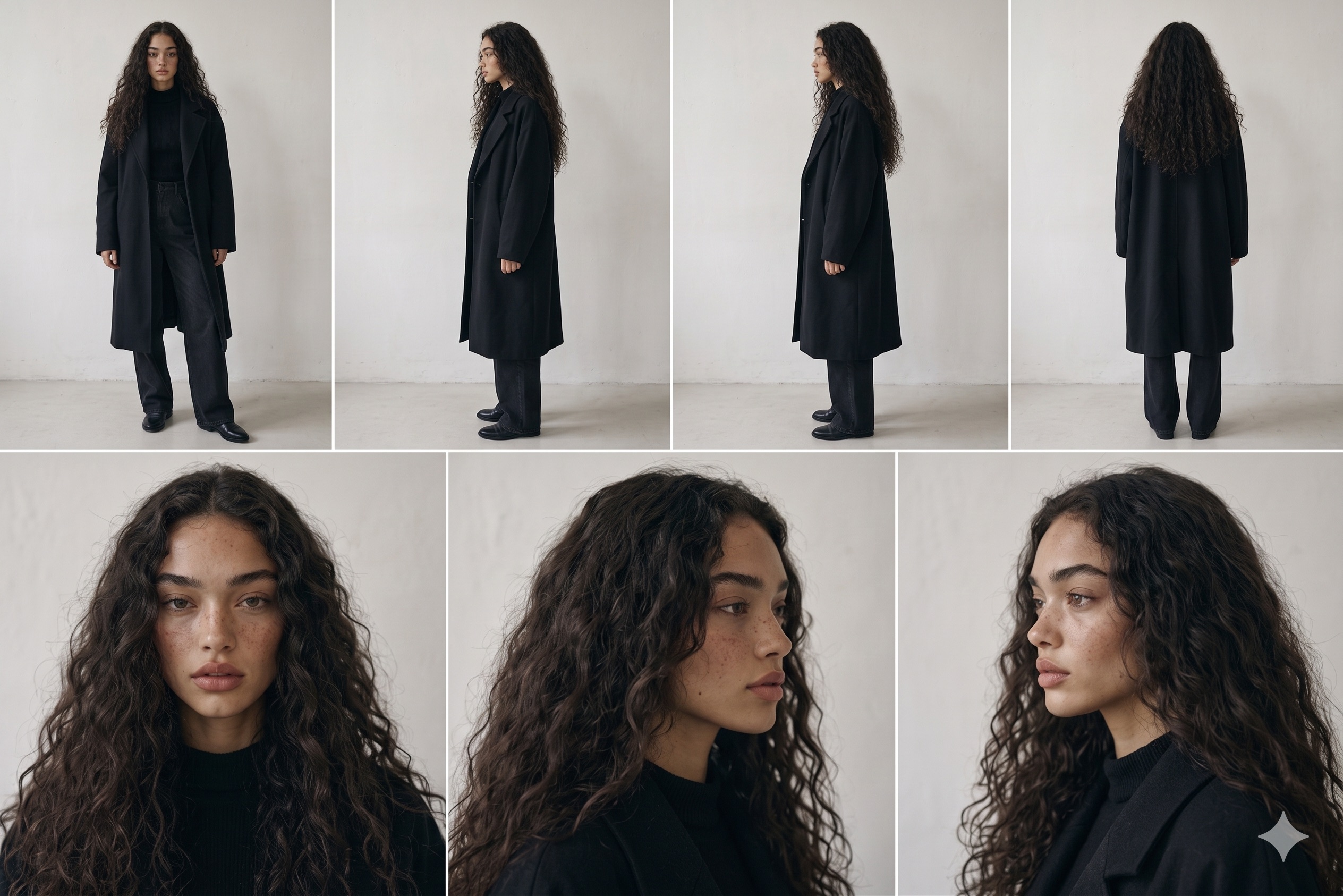 Primary Leandra character sheet showing face, profile, body and back view