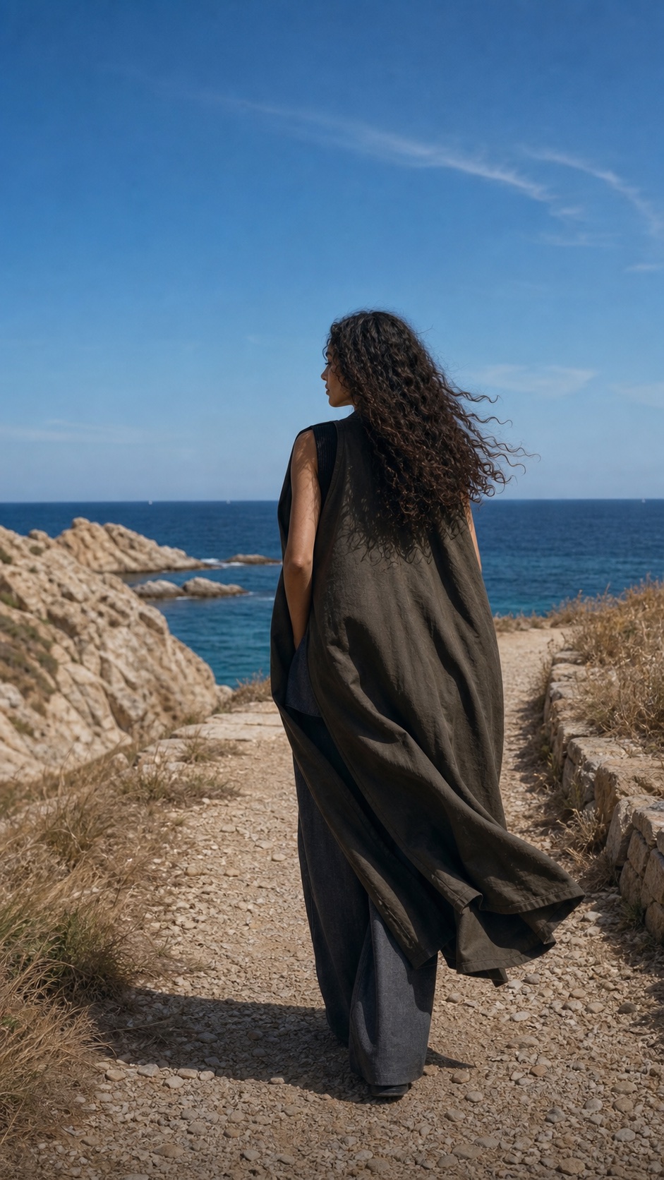Leandra seen from behind in a dark olive cape on the coastal path