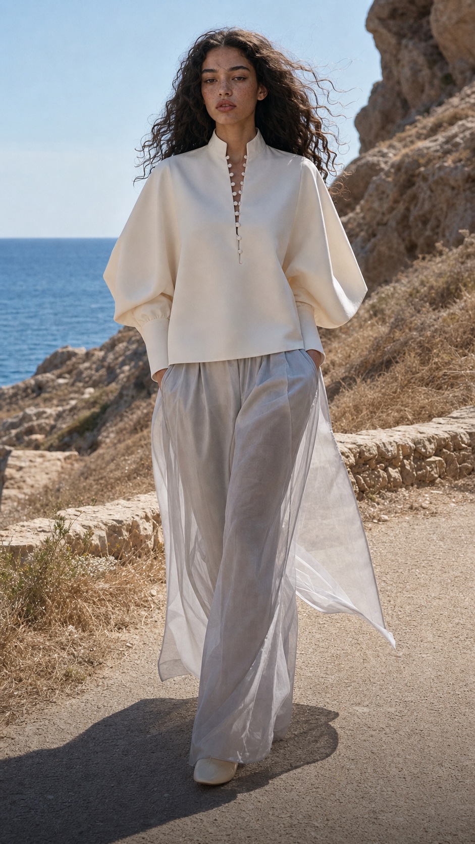 Leandra in an ivory crafted runway look on the coastal path