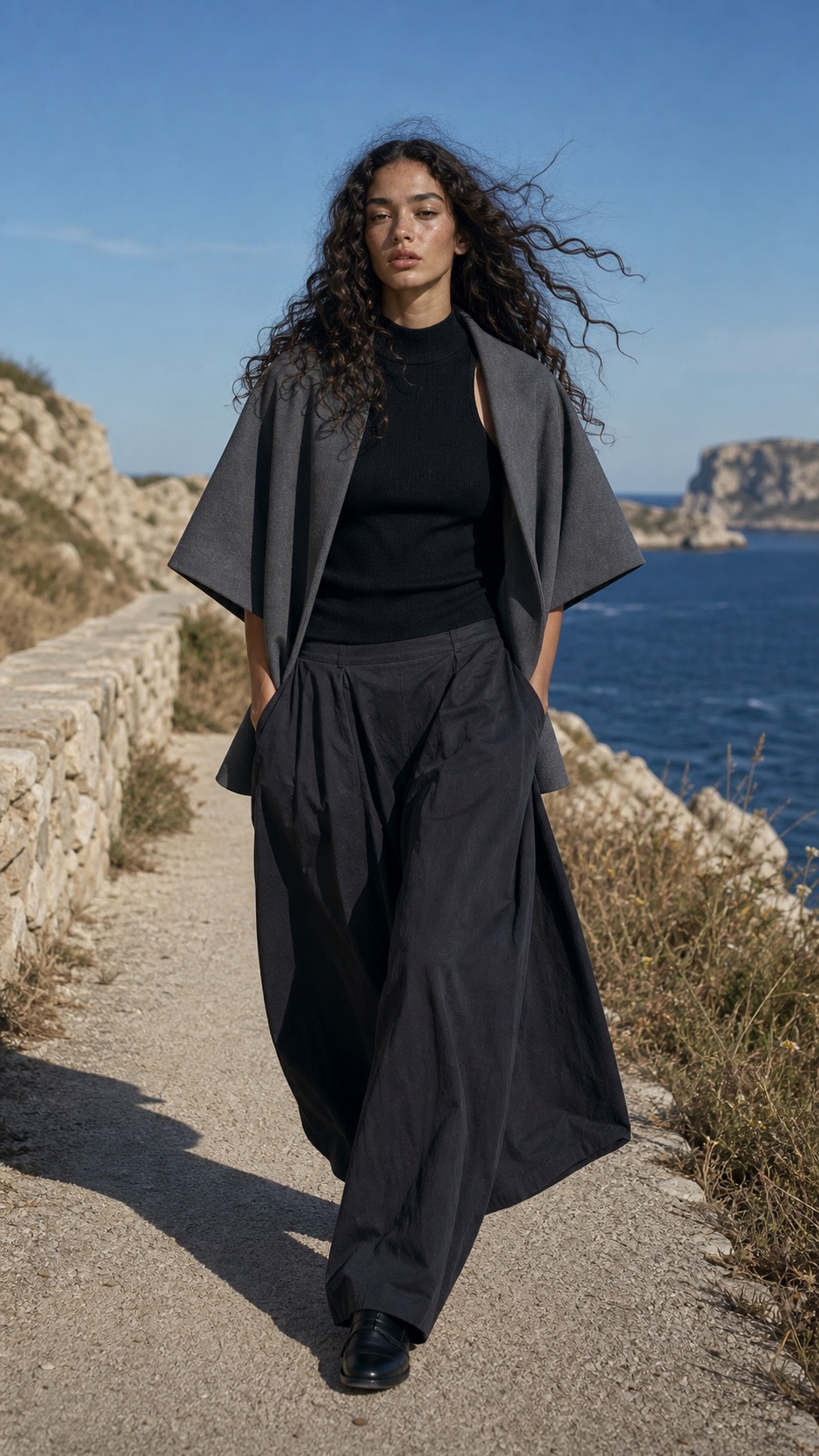 Leandra walking toward camera in a slate cape on a coastal runway path