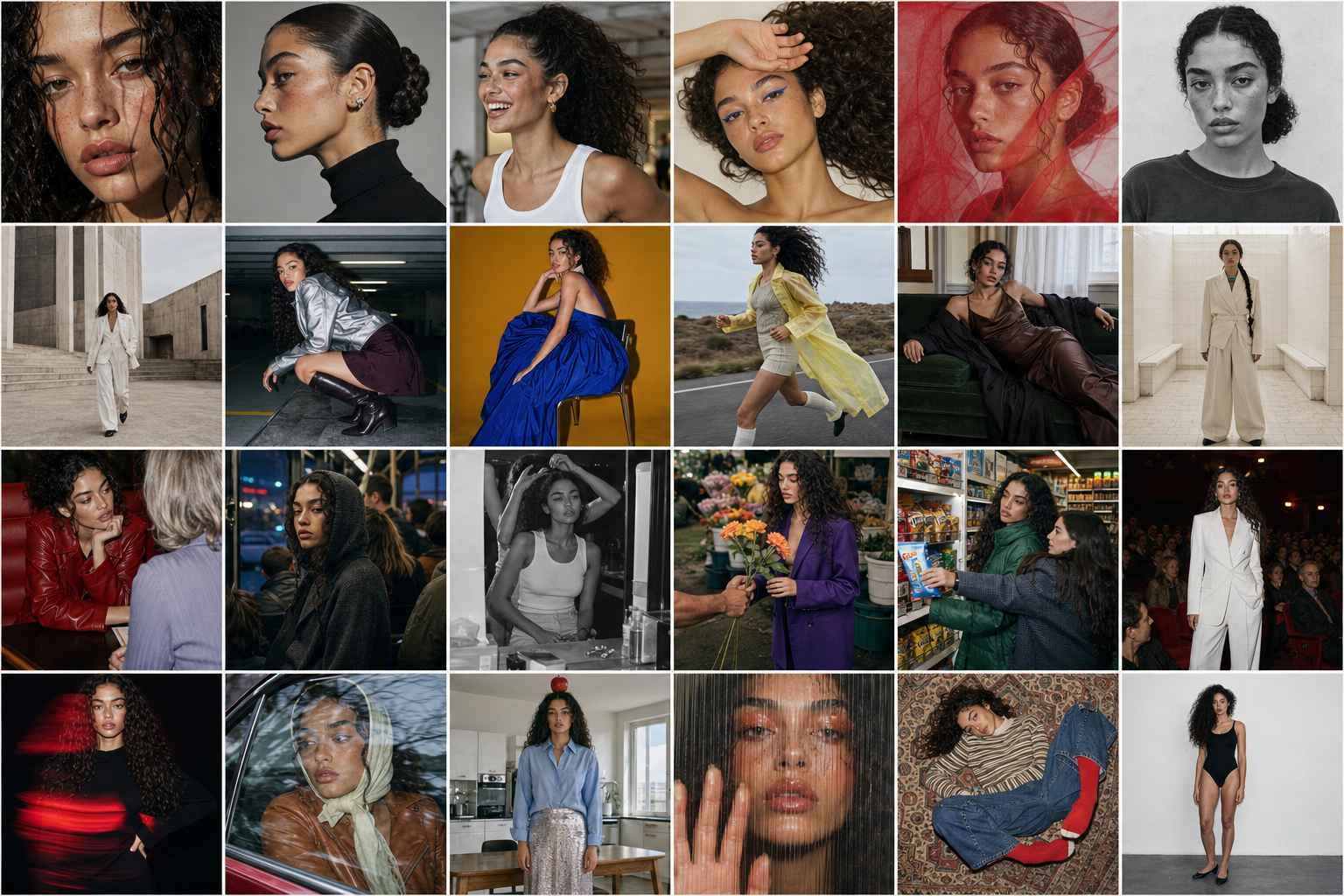 Twenty-four-image Leandra contact sheet testing identity across portraiture, fashion, movement and everyday scenes
