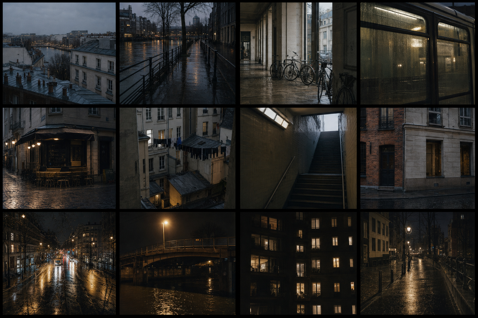 Twelve-frame contact sheet of Leandra's anonymous European metropolis combining wet quays, bicycles, pale stone, brick, passages, courtyards, transit and night streets