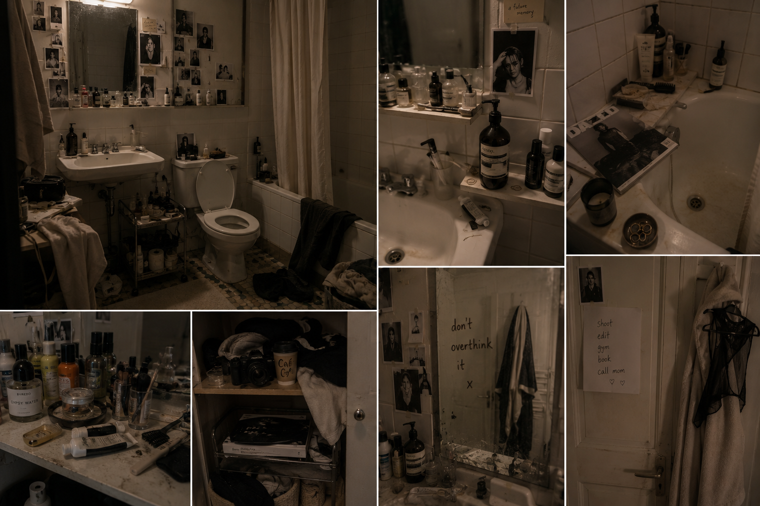 Leandra's bathroom shown through photographs around the mirror, accumulated personal care objects, clothes and photographic equipment