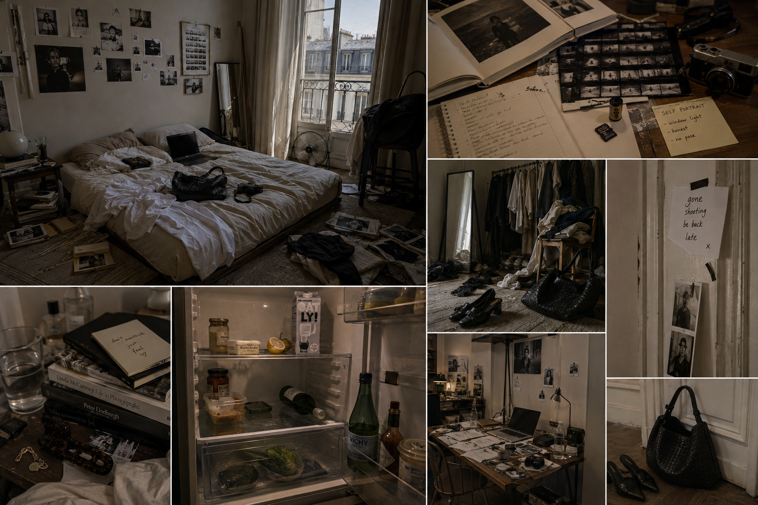Leandra's lived-in bedroom and photography workspace shown through an unmade bed, contact prints, clothes, camera equipment and worktable