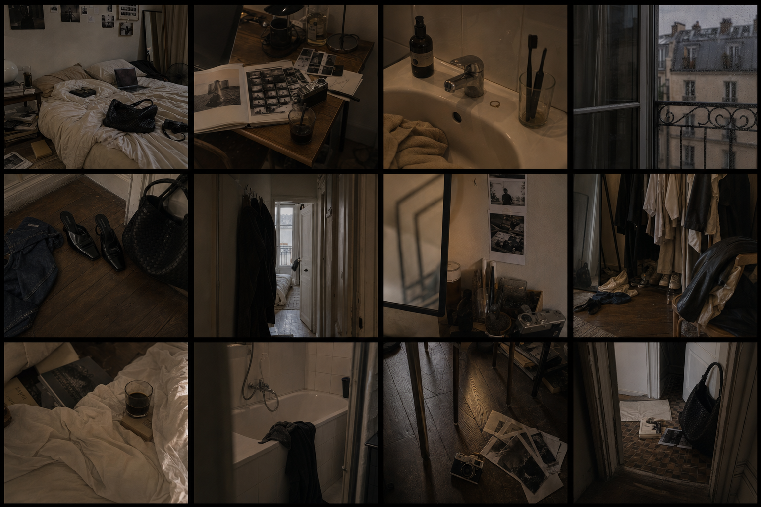 Twelve-frame contact sheet of Leandra's apartment without Leandra visible, showing recurring environmental traces across bedroom, bathroom, hallway and workspace