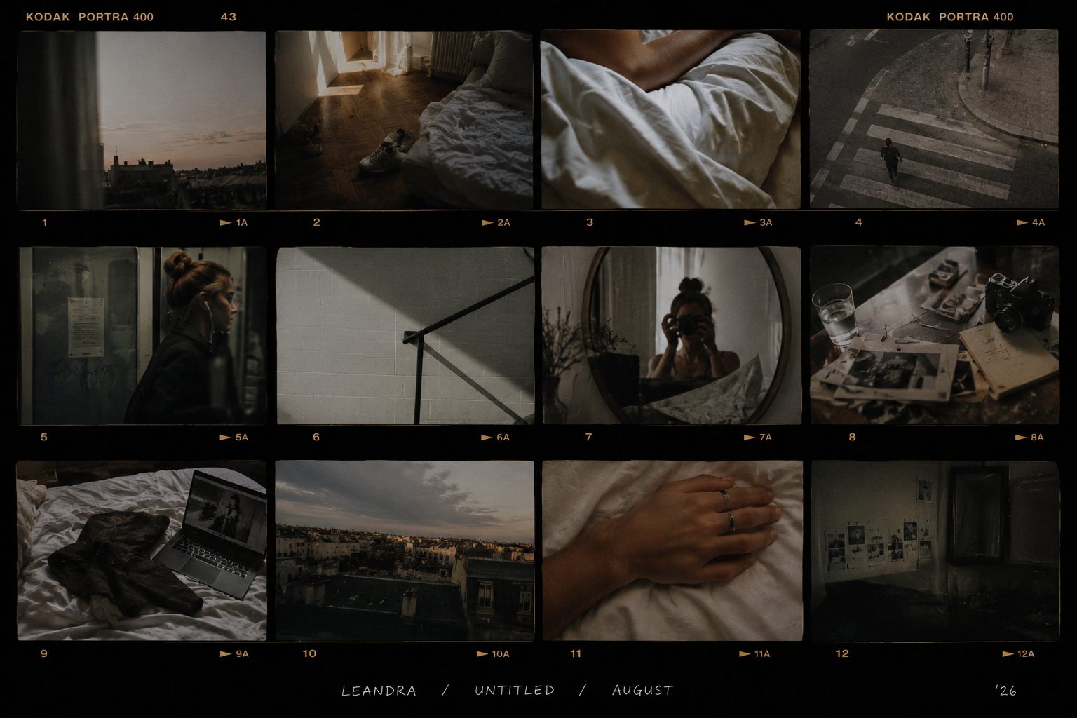 A twelve-frame analogue photographic contact sheet made by Leandra, moving between room, body fragments, city routes, reflections and traces of absence
