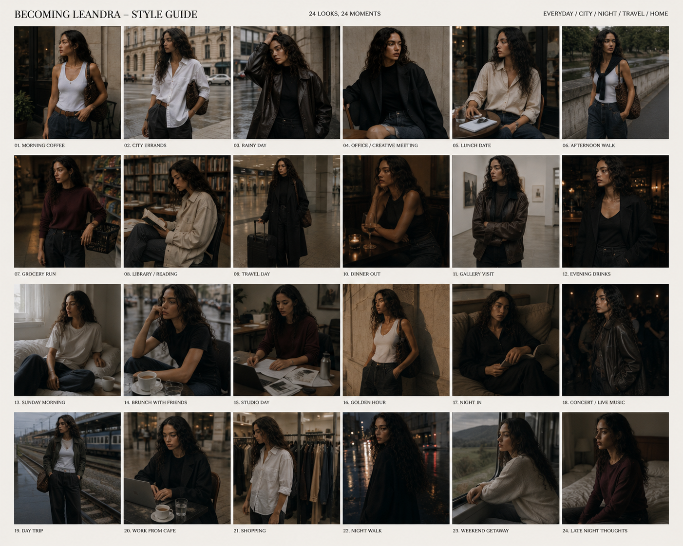Becoming Leandra style guide showing twenty-four recurring wardrobe looks across everyday, city, night, travel and home moments