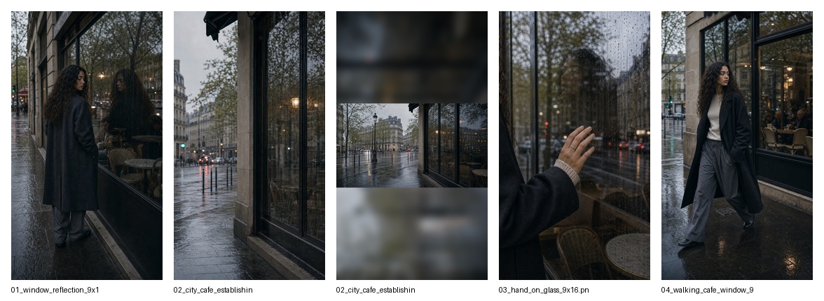 Earlier rain-glass research contact sheet for Leandra