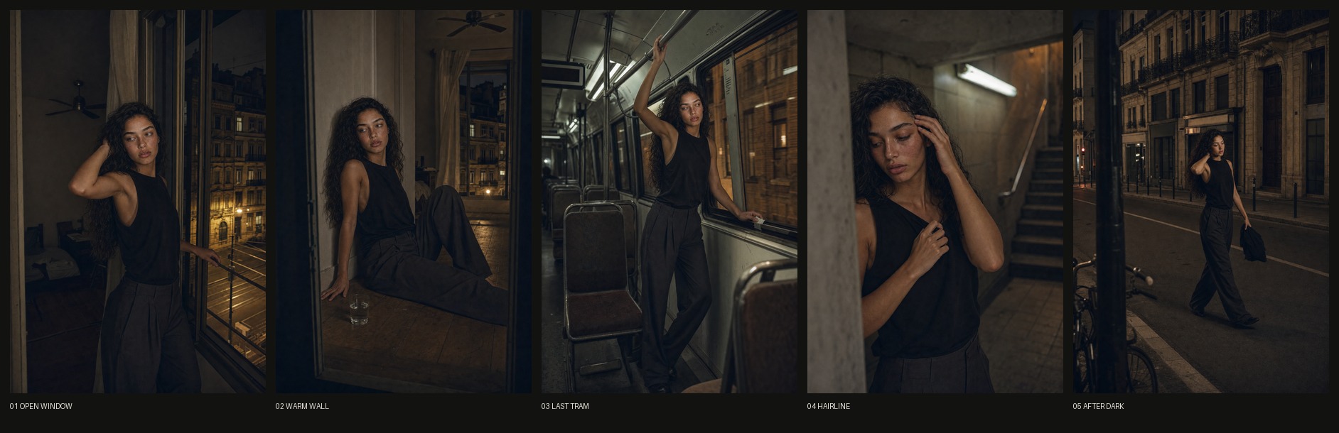 Five-image Too Visible sequence showing Leandra from apartment heat to night street