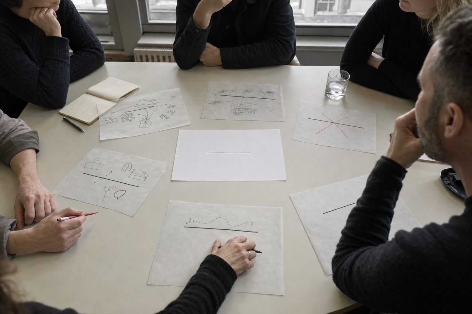 Concept visualisation of six participants negotiating one shared sentence